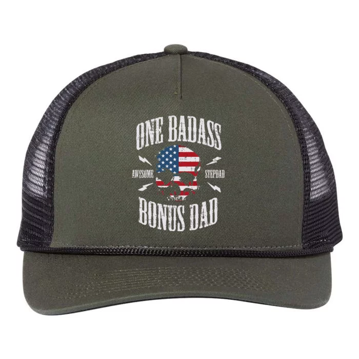 One Badass Bonus Dad Us Flag Skull Stepdad Step Dad Retro Rope Trucker Hat Cap