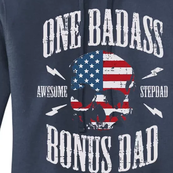 One Badass Bonus Dad Us Flag Skull Stepdad Step Dad Women's Pullover Hoodie