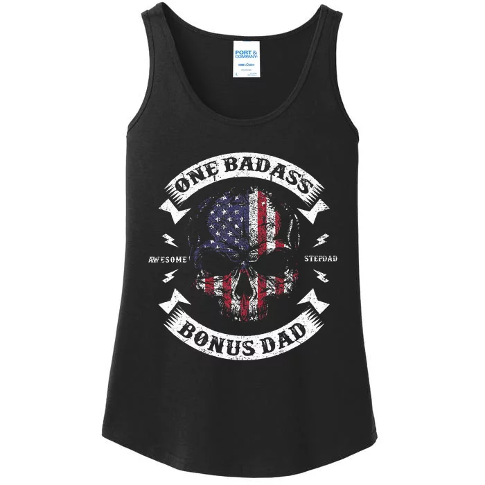 One Badass Bonus Dad Birthday Party Funny Skull Father's Day Ladies Essential Tank