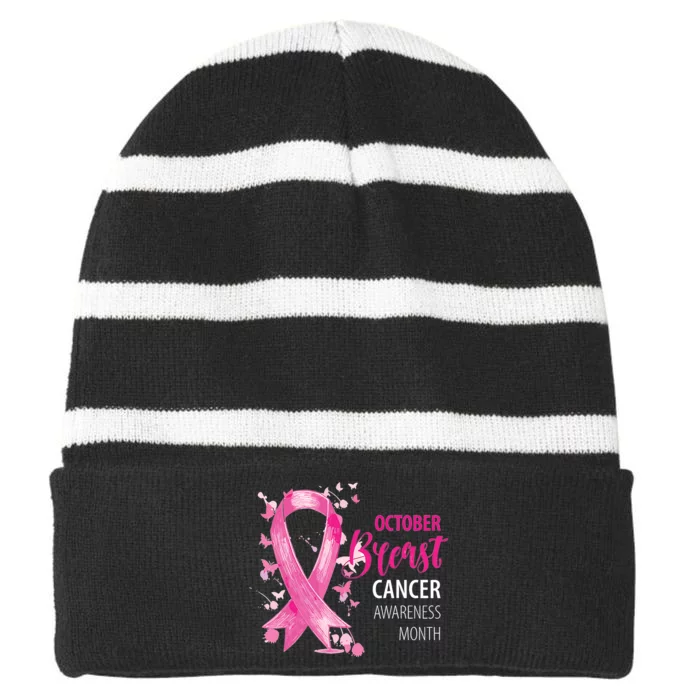 October Breast Cancer Support Pink Family Cancer Awareness Striped Beanie with Solid Band