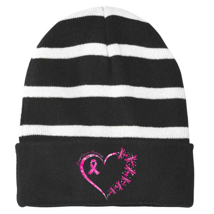 October Breast Cancer Awareness Dragonfly Striped Beanie with Solid Band