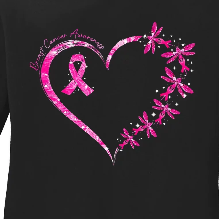 October Breast Cancer Awareness Dragonfly Ladies Long Sleeve Shirt