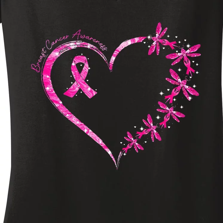 October Breast Cancer Awareness Dragonfly Women's V-Neck T-Shirt