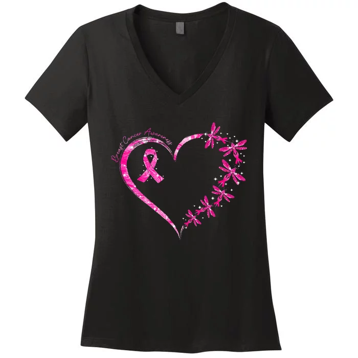 October Breast Cancer Awareness Dragonfly Women's V-Neck T-Shirt