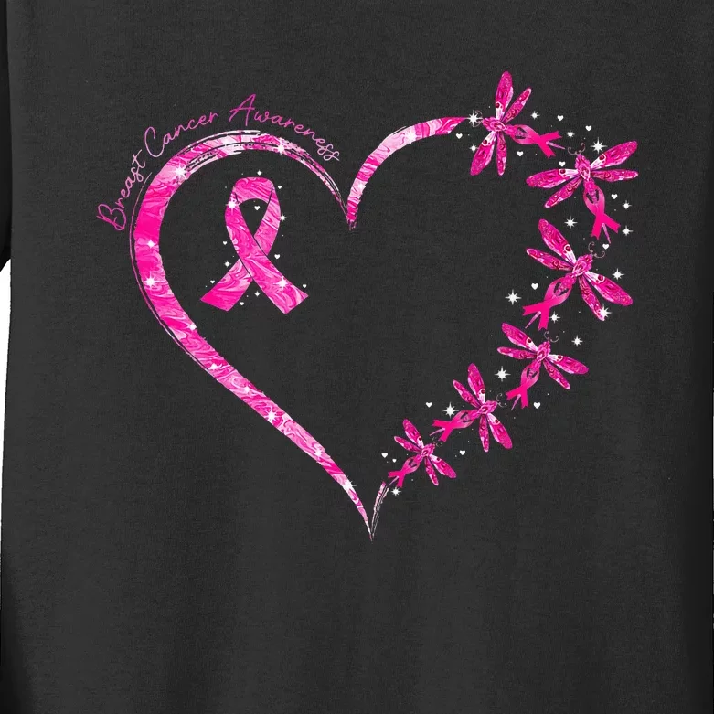 October Breast Cancer Awareness Dragonfly Kids Long Sleeve Shirt