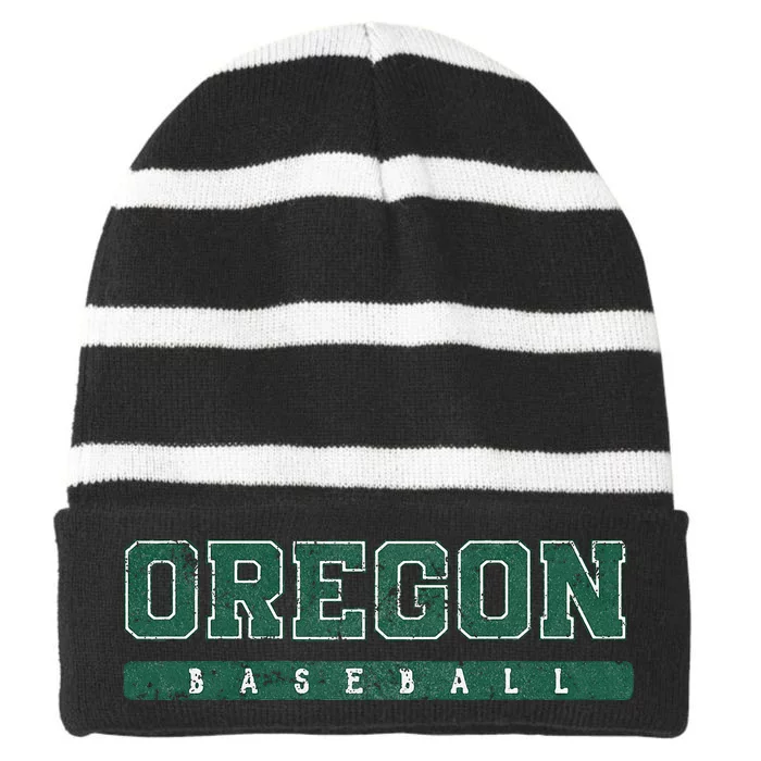 Oregon Baseball Green Vintage Text Striped Beanie with Solid Band