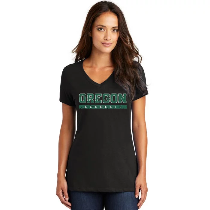 Oregon Baseball Green Vintage Text Women's V-Neck T-Shirt