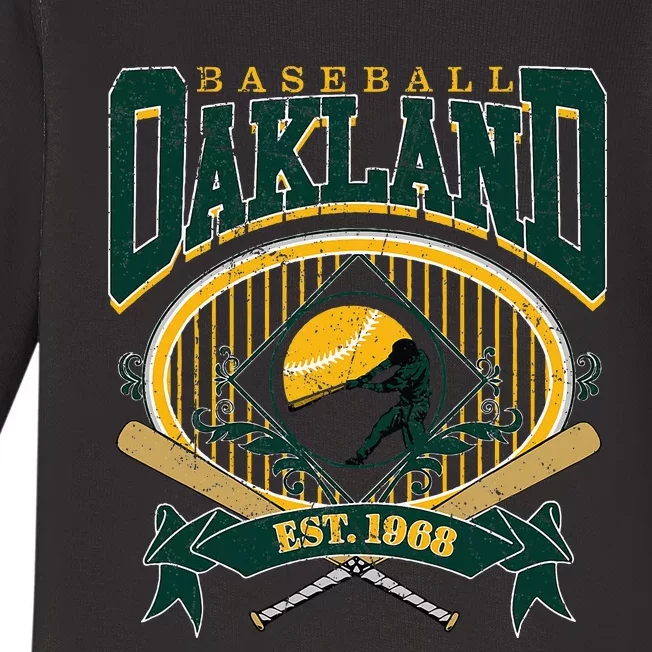 Oakland Baseball Home Plate & Bat Script Fan Baby Long Sleeve Bodysuit