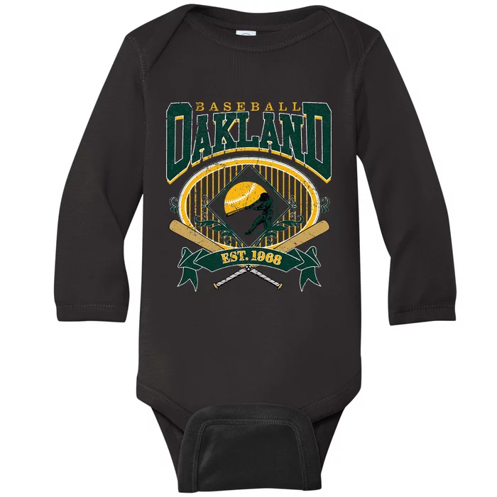 Oakland Baseball Home Plate & Bat Script Fan Baby Long Sleeve Bodysuit