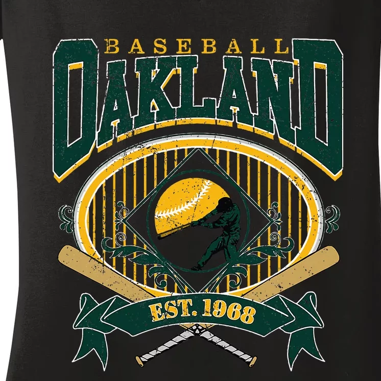 Oakland Baseball Home Plate & Bat Script Fan Women's V-Neck T-Shirt