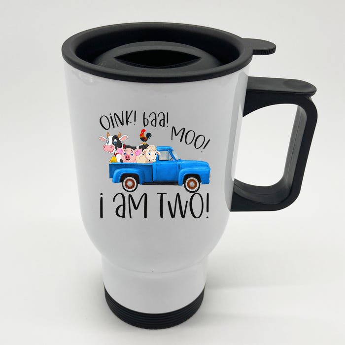 Oink Baa Moo I Am Two Farm Animals Blue Truck Birthday Boy Front & Back Stainless Steel Travel Mug