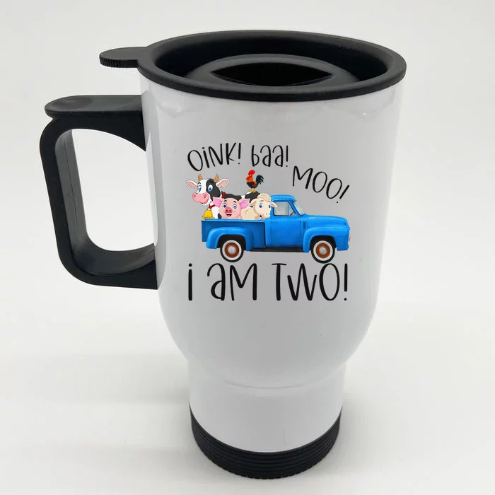 Oink Baa Moo I Am Two Farm Animals Blue Truck Birthday Boy Front & Back Stainless Steel Travel Mug