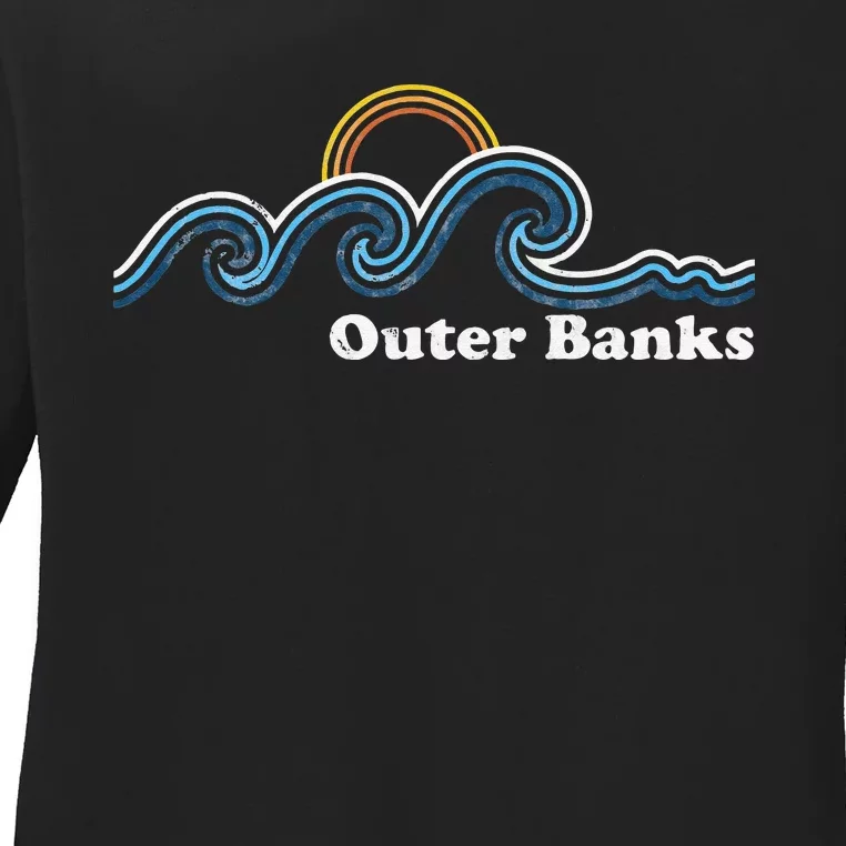 Outer Banks North Carolina Sufing Waves Sunset Beach Vintage Ladies Long Sleeve Shirt