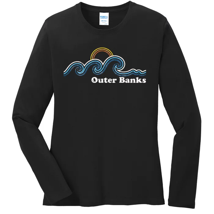 Outer Banks North Carolina Sufing Waves Sunset Beach Vintage Ladies Long Sleeve Shirt