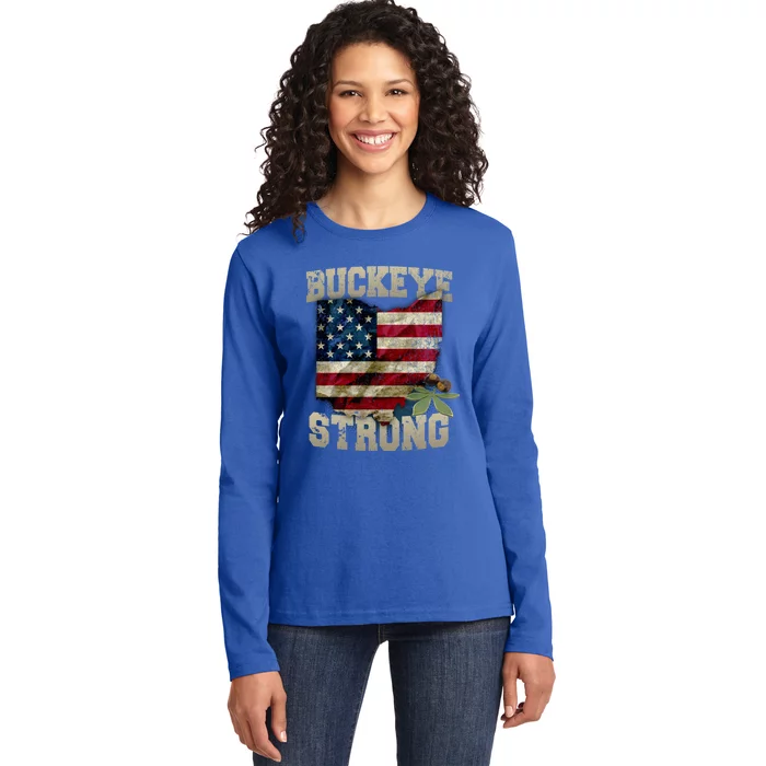 Ohio Buckeye Strong Ohio Usa Flag Overlay Gift Ladies Long Sleeve Shirt