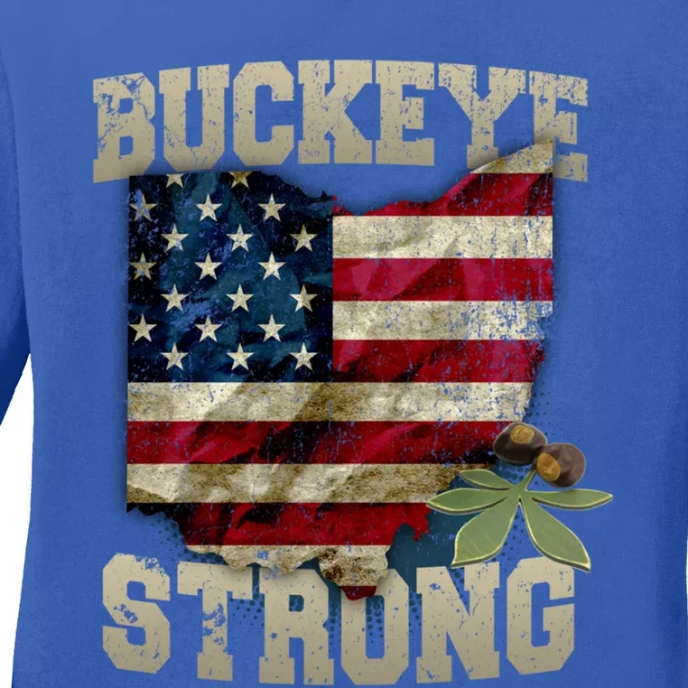 Ohio Buckeye Strong Ohio Usa Flag Overlay Gift Ladies Long Sleeve Shirt