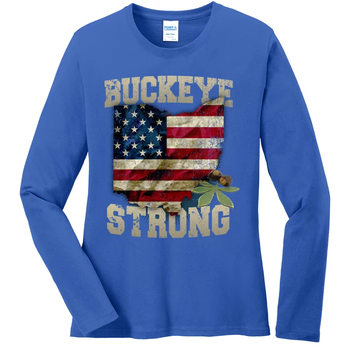 Ohio Buckeye Strong Ohio Usa Flag Overlay Gift Ladies Long Sleeve Shirt