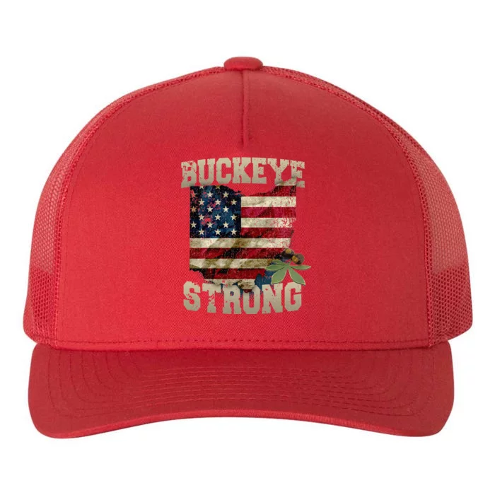 Ohio Buckeye Strong Ohio USA Flag Overlay Yupoong Adult 5-Panel Trucker Hat