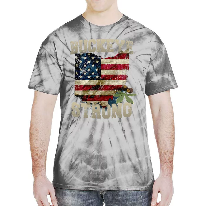 Ohio Buckeye Strong Ohio USA Flag Overlay Tie-Dye T-Shirt