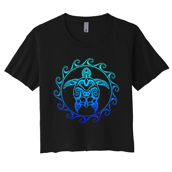 Ocean Blue Tribal Hawaiian Sea Turtle Women's Crop Top Tee