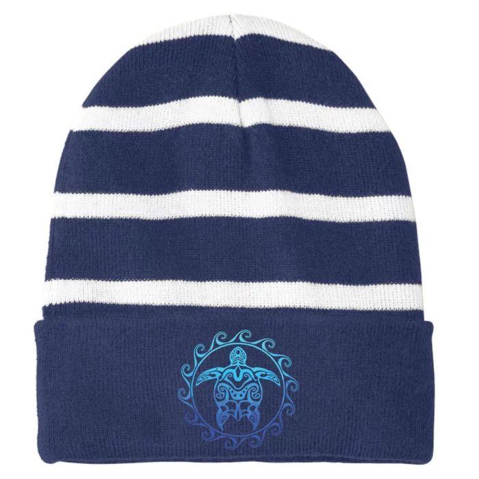 Ocean Blue Tribal Hawaiian Sea Turtle Striped Beanie with Solid Band