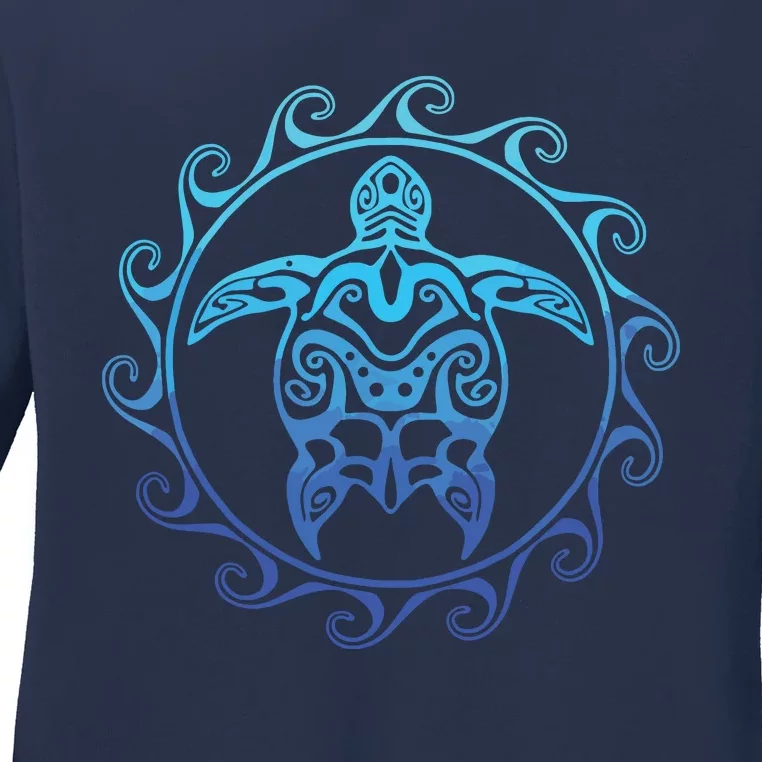 Ocean Blue Tribal Hawaiian Sea Turtle Ladies Long Sleeve Shirt