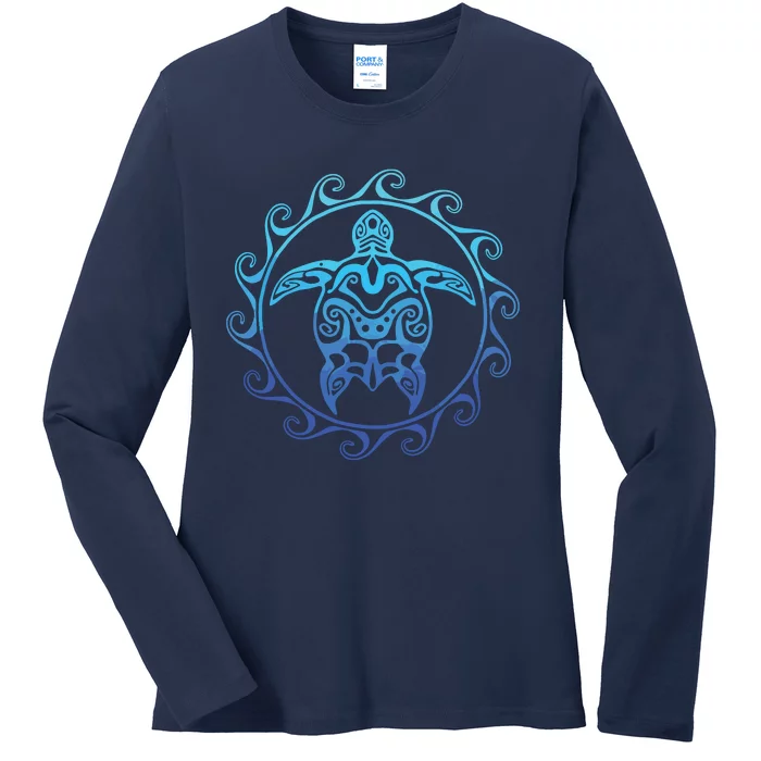 Ocean Blue Tribal Hawaiian Sea Turtle Ladies Long Sleeve Shirt