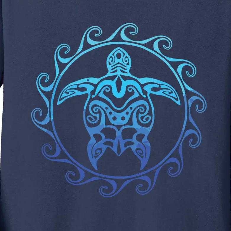 Ocean Blue Tribal Hawaiian Sea Turtle Kids Long Sleeve Shirt