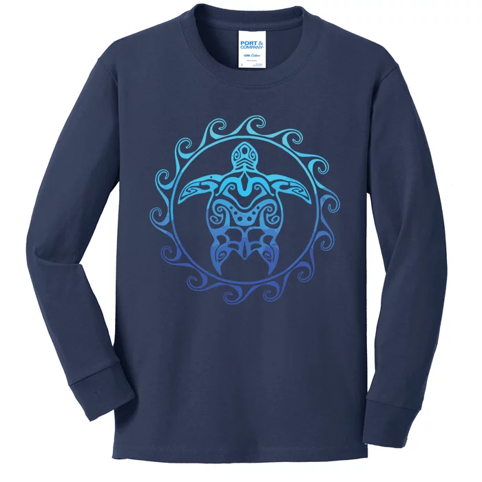 Ocean Blue Tribal Hawaiian Sea Turtle Kids Long Sleeve Shirt