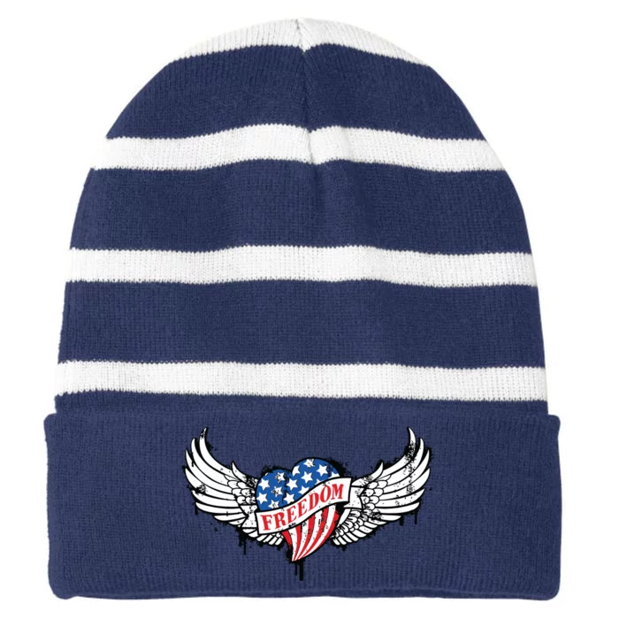 On Back Vintage Freedom Us Flag Eagle Patriotic 4th Of July Striped Beanie with Solid Band