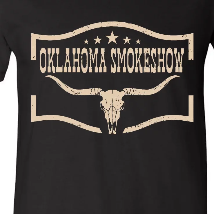 Oklahoma Bullskull With Feathers And Dreamcatcher Smokeshow V-Neck T-Shirt