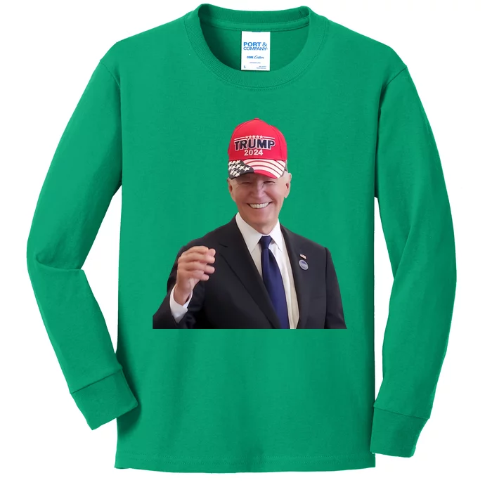 Oe Biden Wearing Trump Hat 2024 President Donald Republican Kids Long Sleeve Shirt