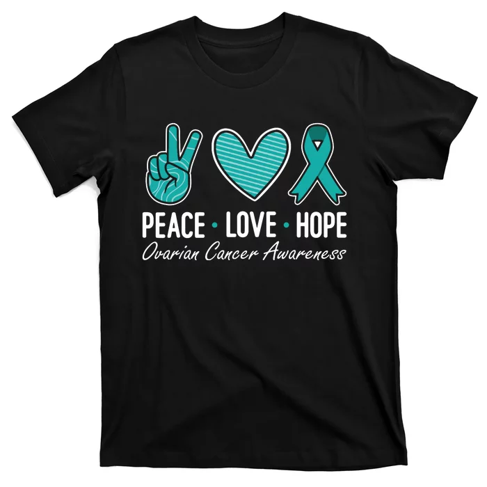 Ovarian Cancer Awareness Peace Love Hope I Wear Teal Ribbon T-Shirt