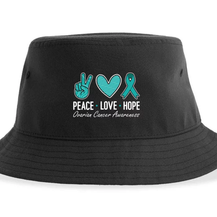 Ovarian Cancer Awareness Peace Love Hope I Wear Teal Ribbon Sustainable Bucket Hat