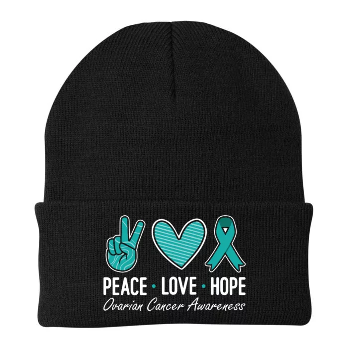 Ovarian Cancer Awareness Peace Love Hope I Wear Teal Ribbon Knit Cap Winter Beanie