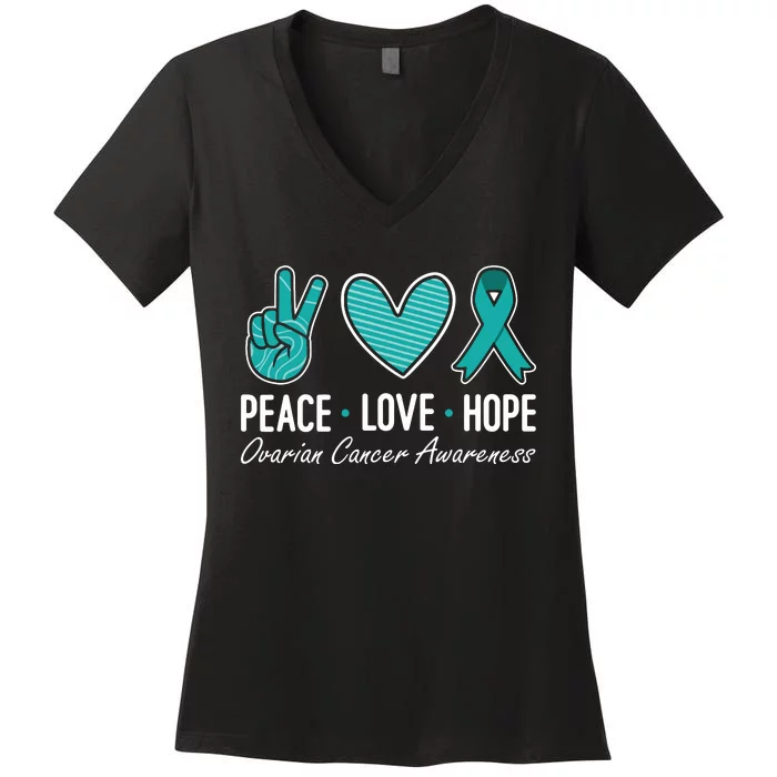 Ovarian Cancer Awareness Peace Love Hope I Wear Teal Ribbon Women's V-Neck T-Shirt