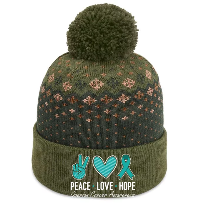 Ovarian Cancer Awareness Peace Love Hope I Wear Teal Ribbon The Baniff Cuffed Pom Beanie