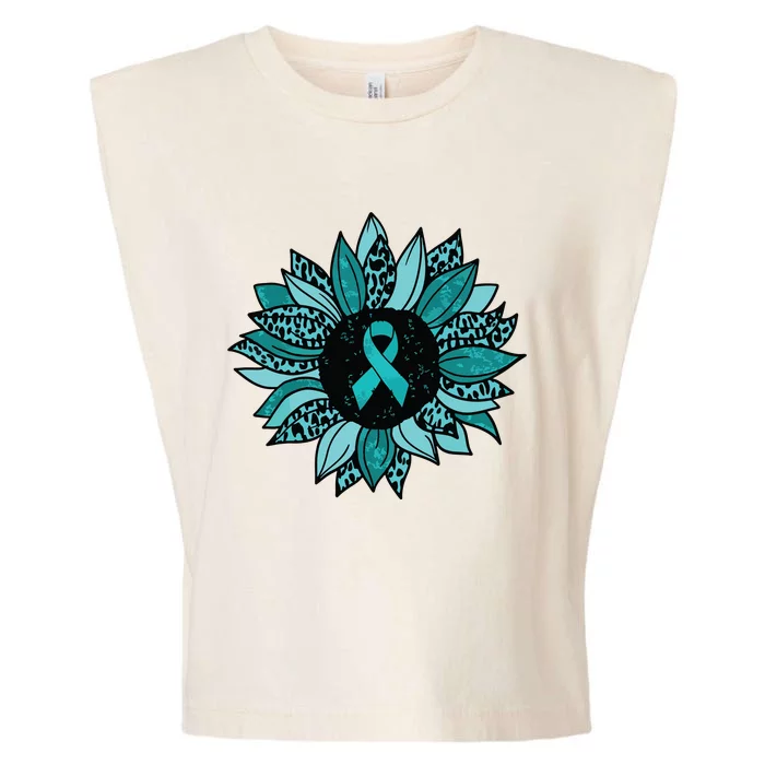 Ovarian Cancer Awareness Sunflower Teal Ribbon Leopard Garment-Dyed Women's Muscle Tee