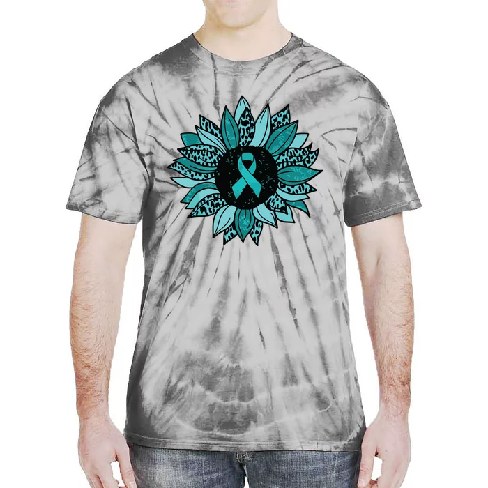 Ovarian Cancer Awareness Sunflower Teal Ribbon Leopard Tie-Dye T-Shirt