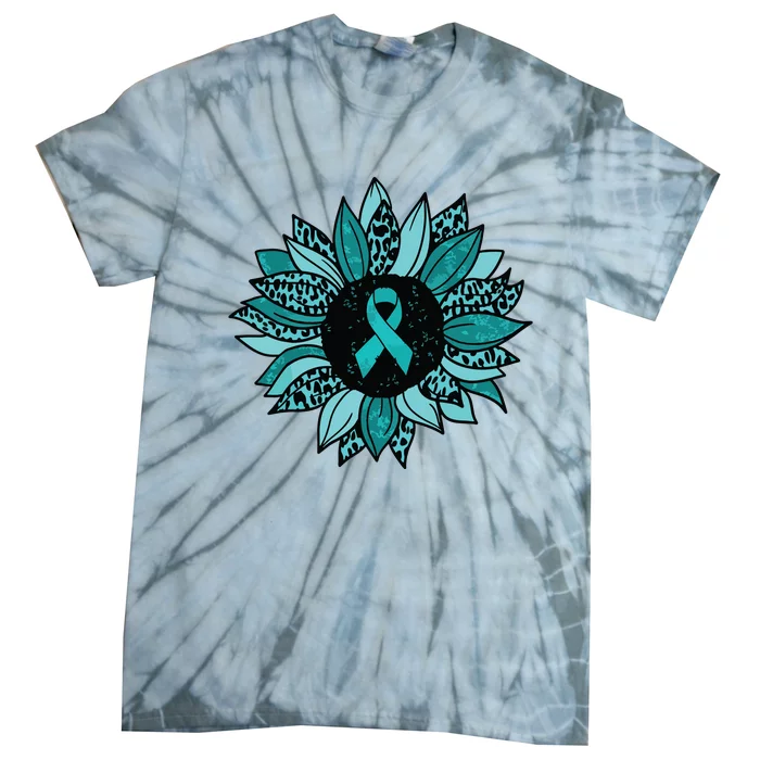 Ovarian Cancer Awareness Sunflower Teal Ribbon Leopard Tie-Dye T-Shirt