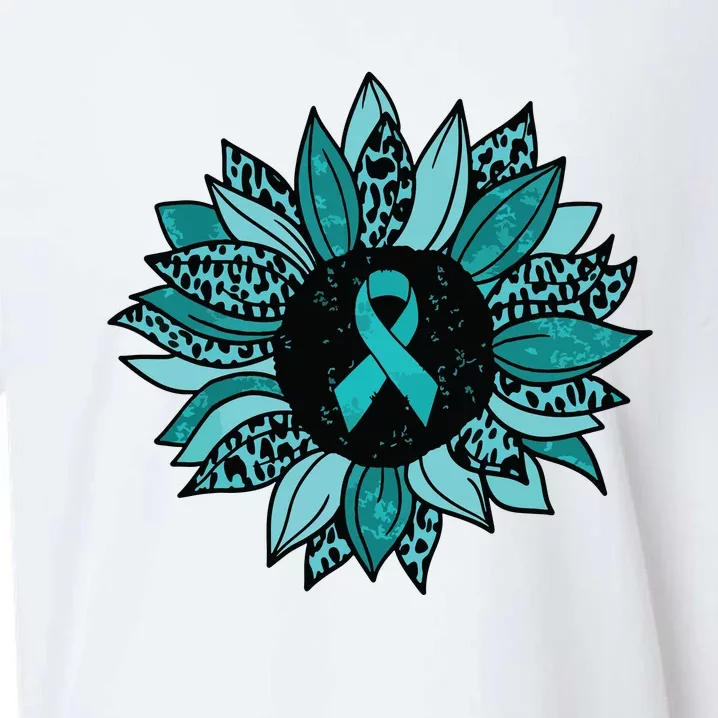 Ovarian Cancer Awareness Sunflower Teal Ribbon Leopard Sueded Cloud Jersey T-Shirt