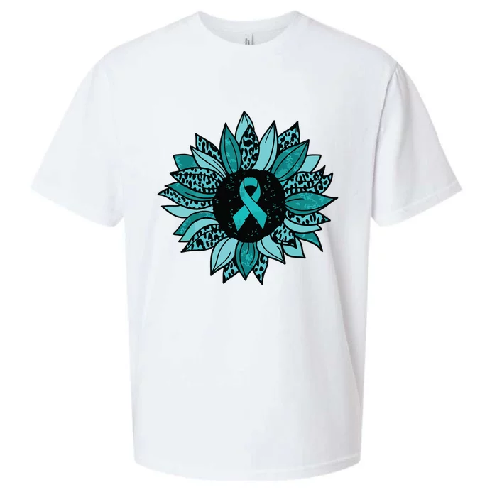 Ovarian Cancer Awareness Sunflower Teal Ribbon Leopard Sueded Cloud Jersey T-Shirt