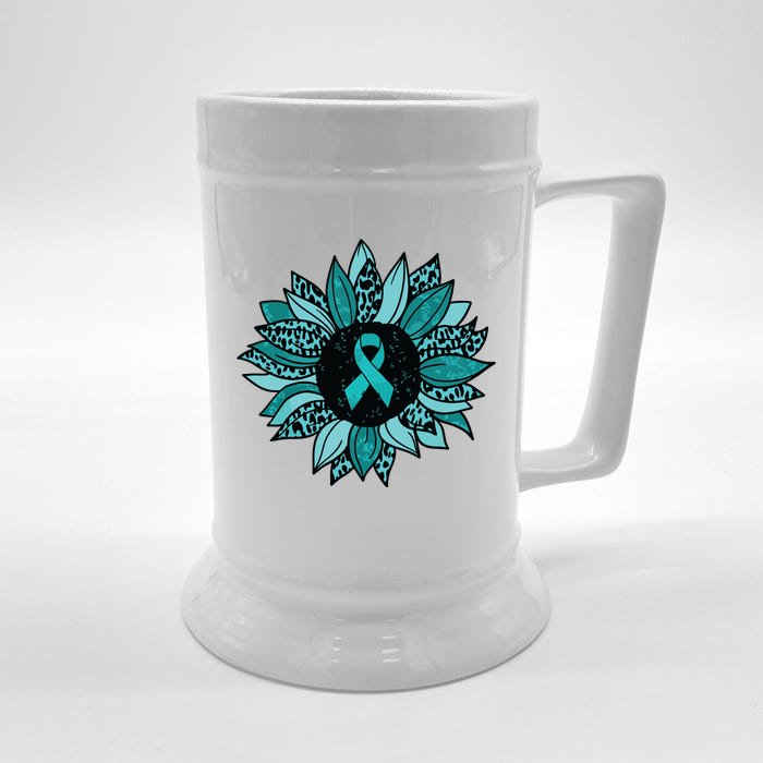 Ovarian Cancer Awareness Sunflower Teal Ribbon Leopard Front & Back Beer Stein