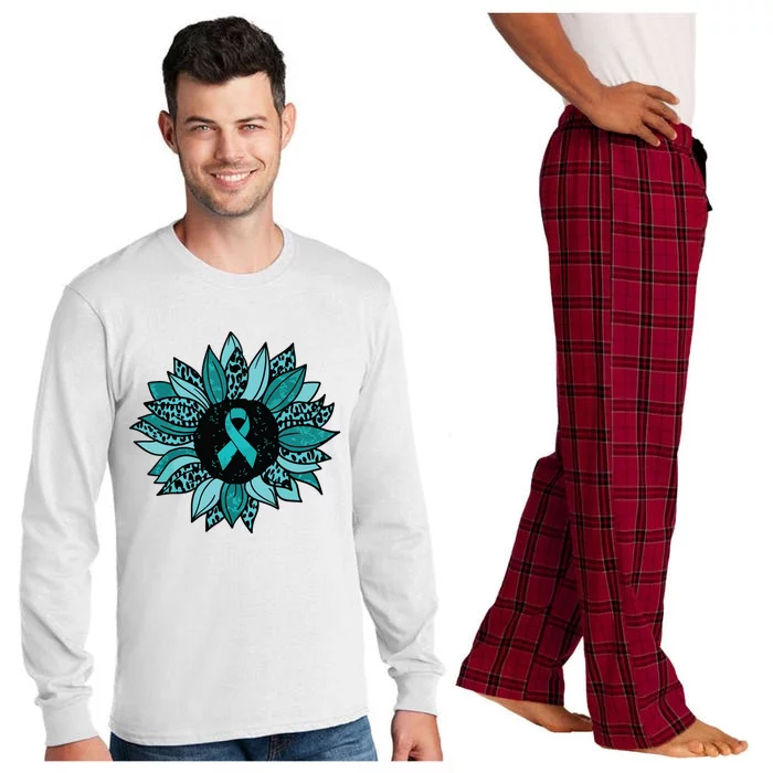 Ovarian Cancer Awareness Sunflower Teal Ribbon Leopard Long Sleeve Pajama Set