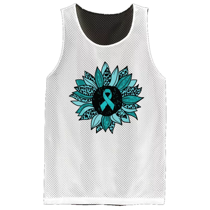 Ovarian Cancer Awareness Sunflower Teal Ribbon Leopard Mesh Reversible Basketball Jersey Tank