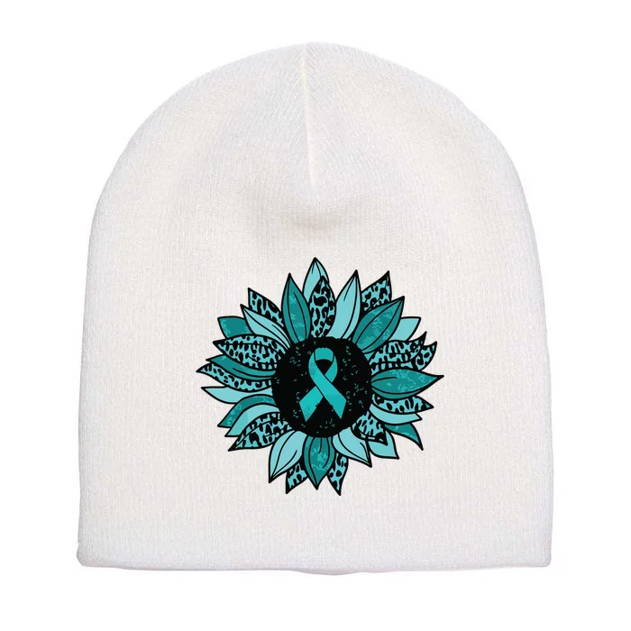 Ovarian Cancer Awareness Sunflower Teal Ribbon Leopard Short Acrylic Beanie