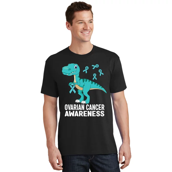 Ovarian Cancer Awareness Teal Ribbon Dinosaur Women T-Shirt