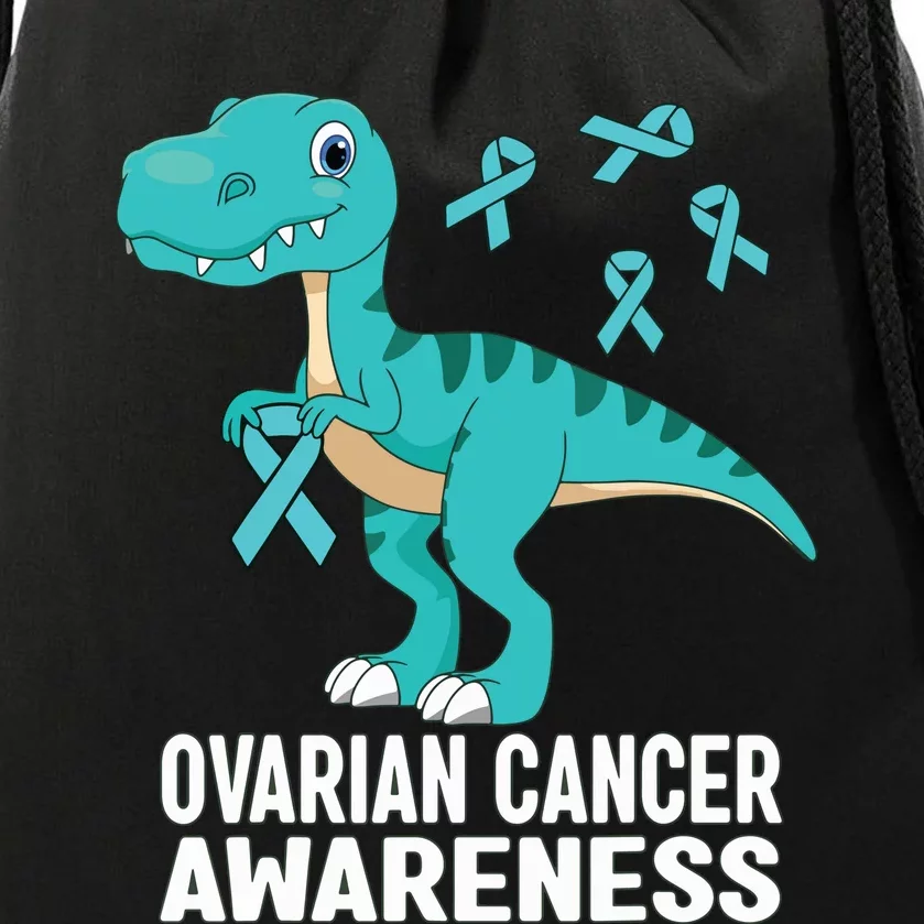 Ovarian Cancer Awareness Teal Ribbon Dinosaur Women Drawstring Bag