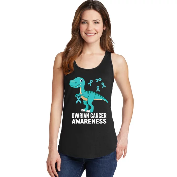 Ovarian Cancer Awareness Teal Ribbon Dinosaur Women Ladies Essential Tank