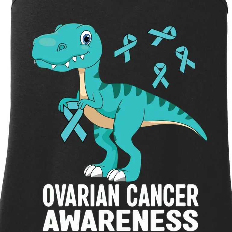 Ovarian Cancer Awareness Teal Ribbon Dinosaur Women Ladies Essential Tank